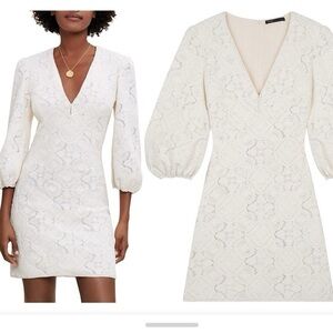 Maje White Long Sleeve Mini Dress with Sequined Embroidery Size 34